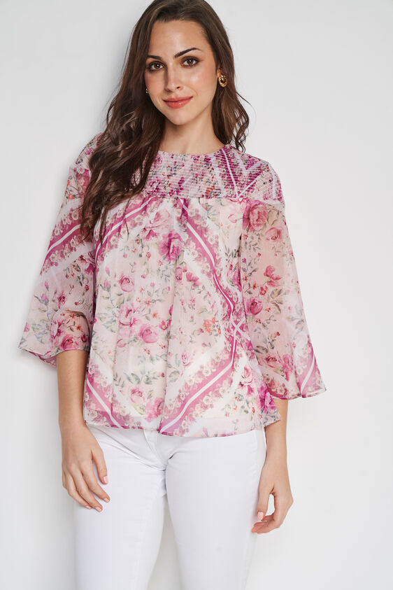 Cream Floral Flared Top, Cream, image 3